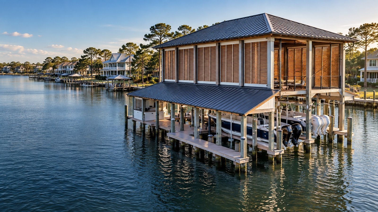 Concept visualization of a two-level coastal boathouse