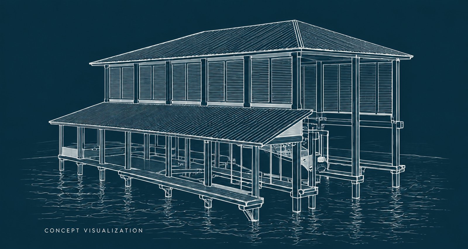Architectural concept visualization of a coastal boathouse