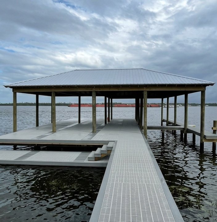 Timber pier extending across calm water